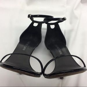 Stuart weitzman black nudistsong ankle strap patent leather heel pumps 7m